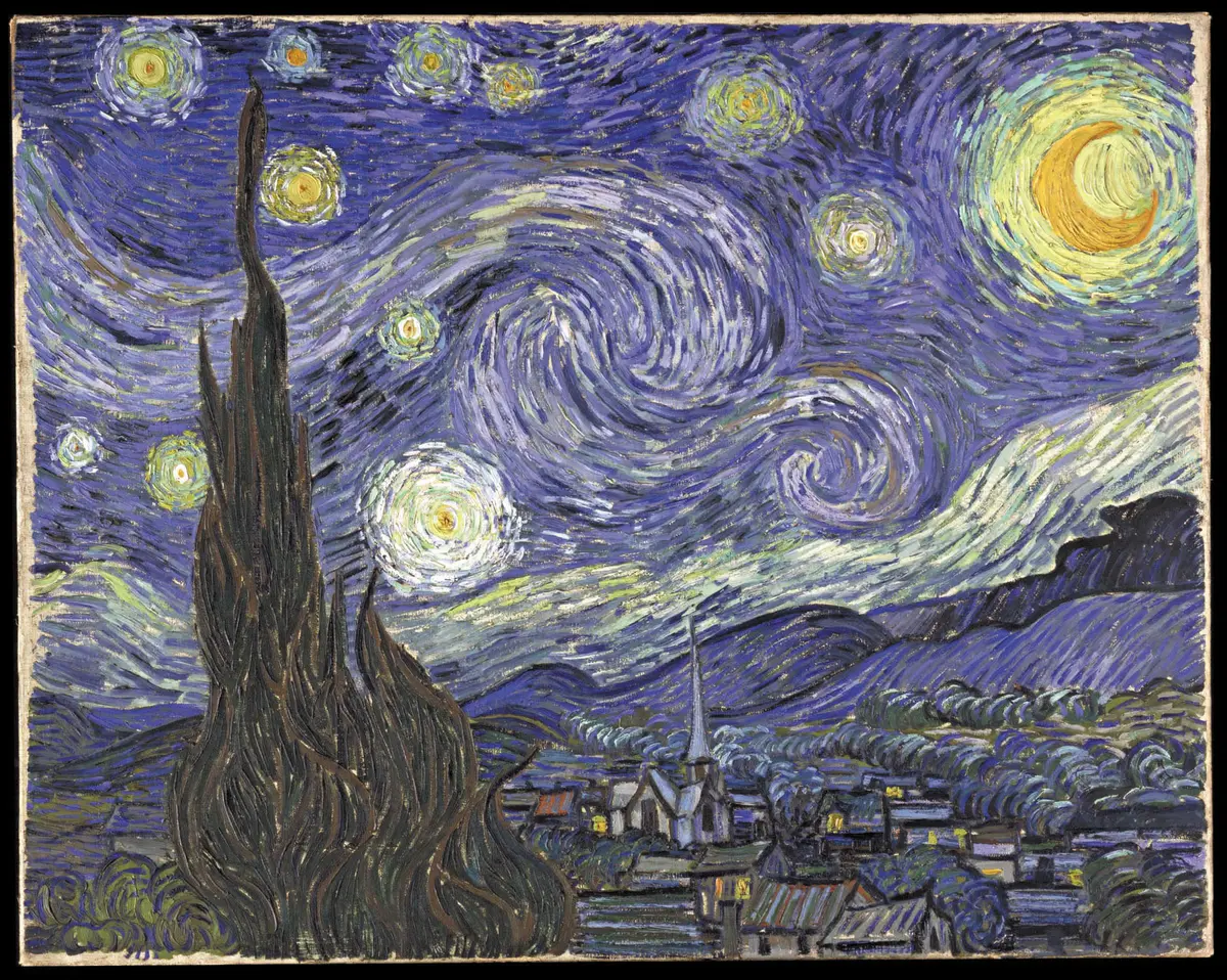 Vincent van Goghs Stjärnenatt från 1889, med blå virvlande natthimmel och ljusa stjärnor